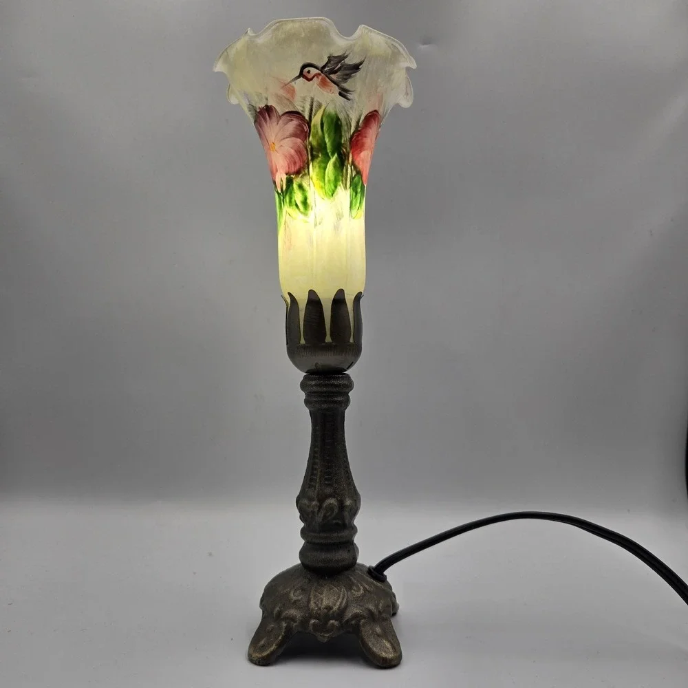 VTG Lily Lamp Hummingbird Flowers Hand Painted-Frosted Glass Fluted Tulip 12